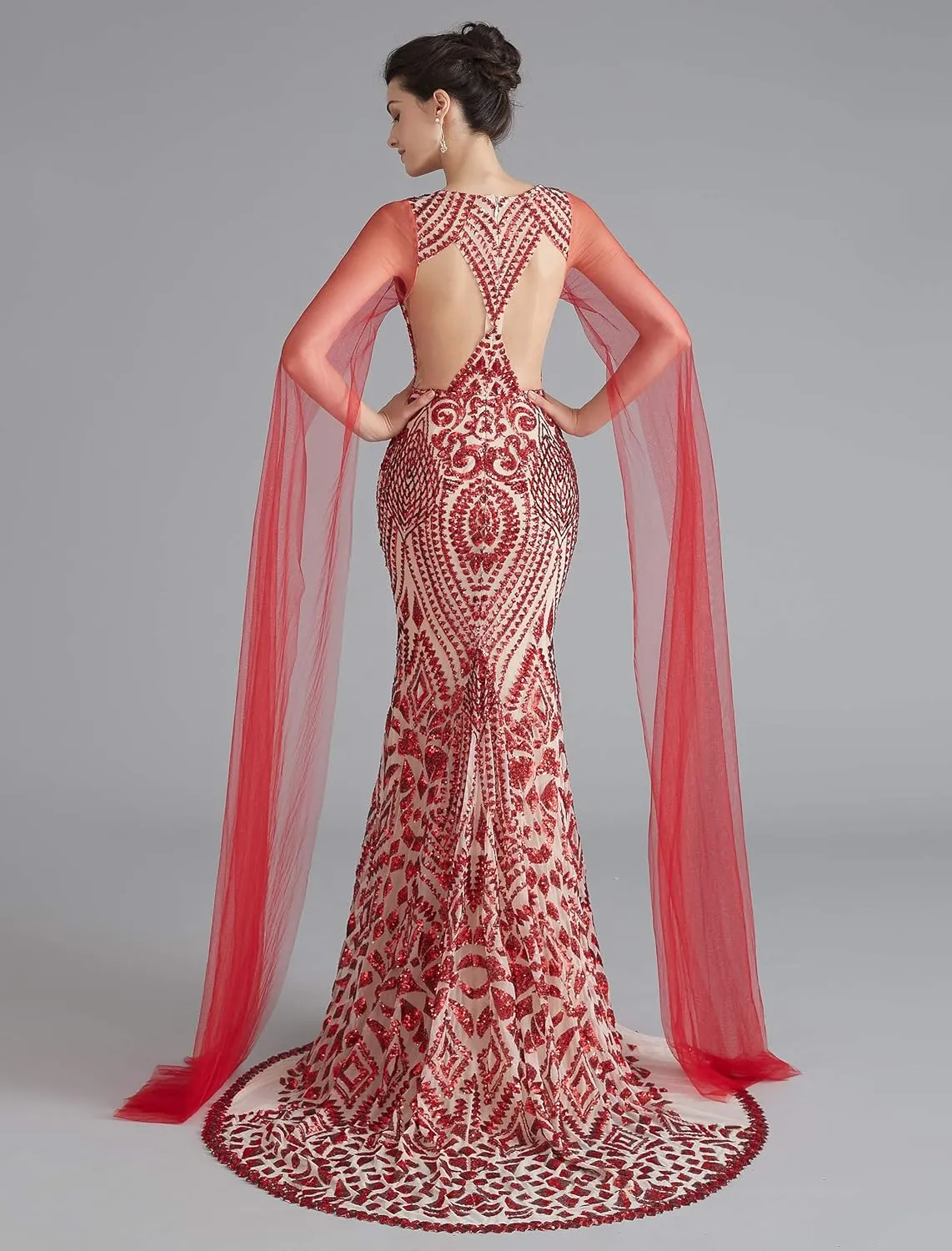 Women's V-Neck Sequins Mermaid Evening Dress with Sheer Sleeves