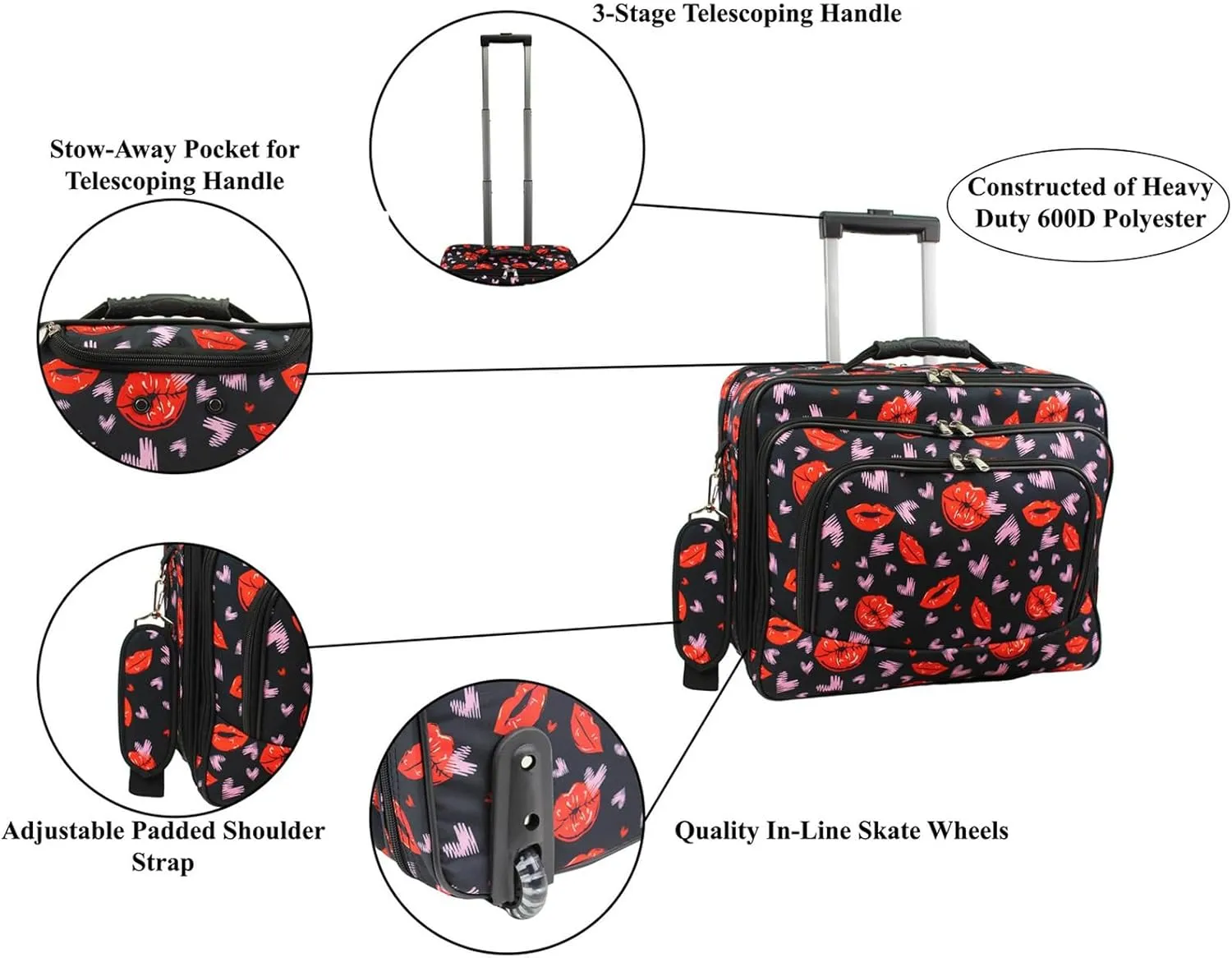 World Traveler Rolling 17-Inch Laptop Briefcase Computer Case, Lips and Hearts, One Size