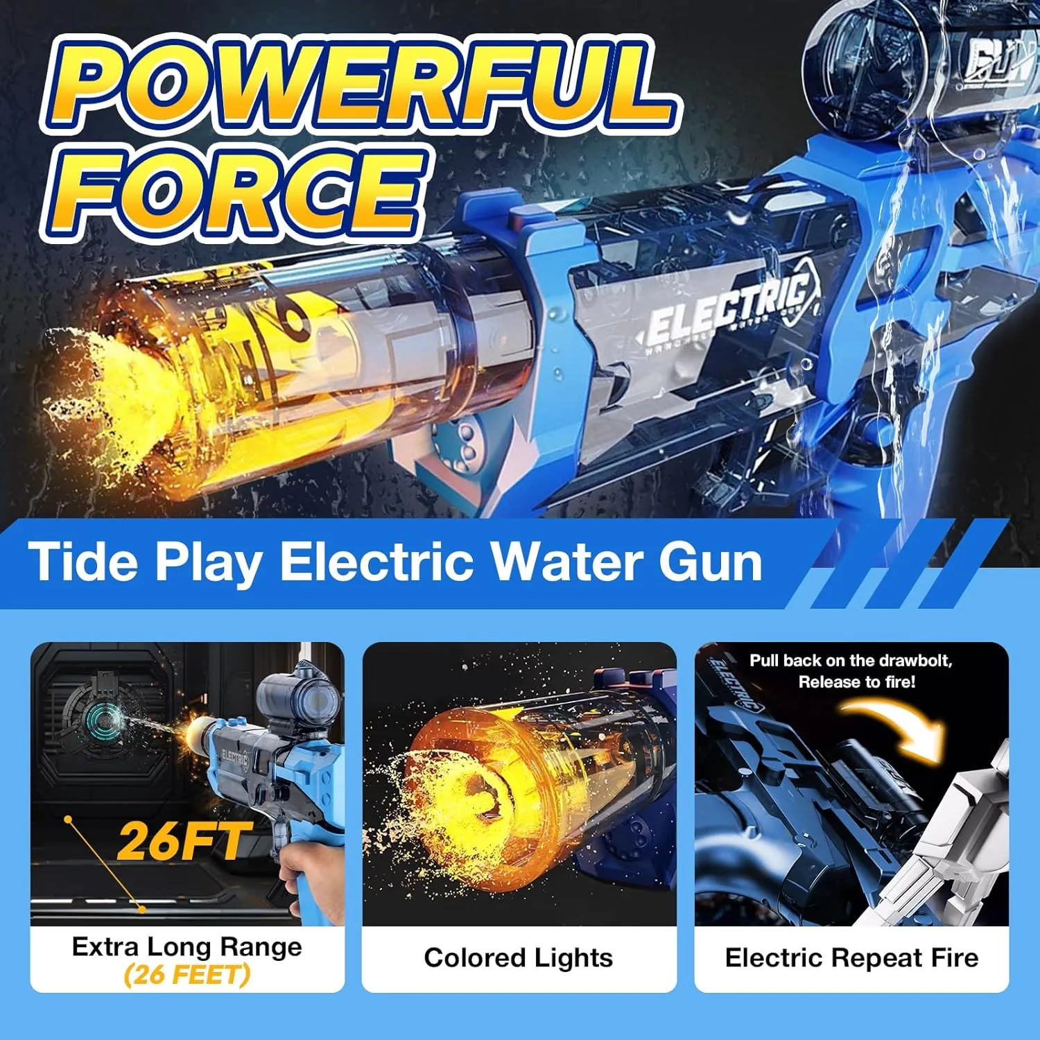 Woyuosn Ultimate Battle Blaster Long Range Motorized Water Gun with Interactive Lighting, Ergonomic Handle, Durable for Outdoor Fun (Blue)