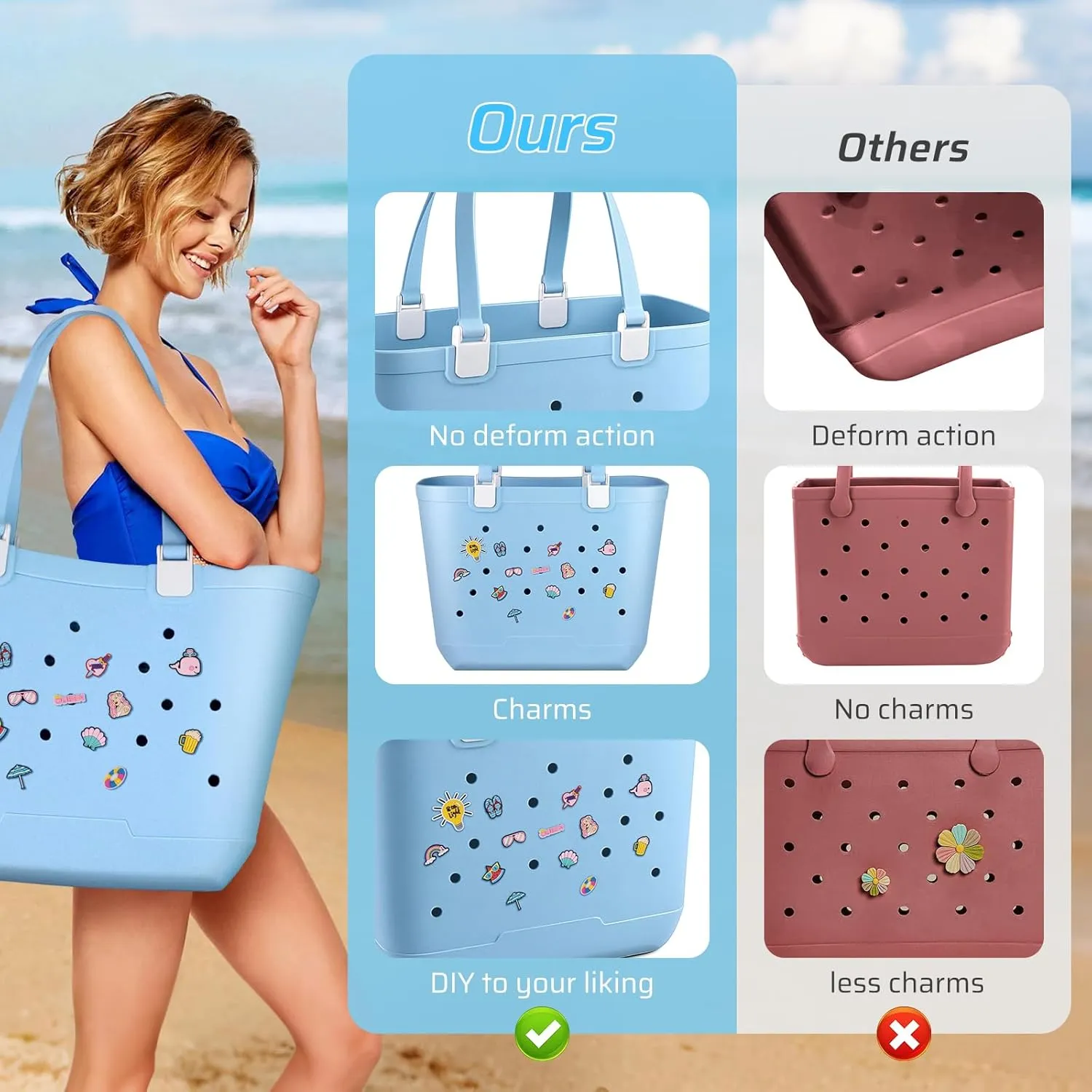 X Large EVA Beach Bag, 19 x 13.7 x 9.5 inch Waterproof Tote Bag, Durable Washable Beach Tote Handbag for Travel