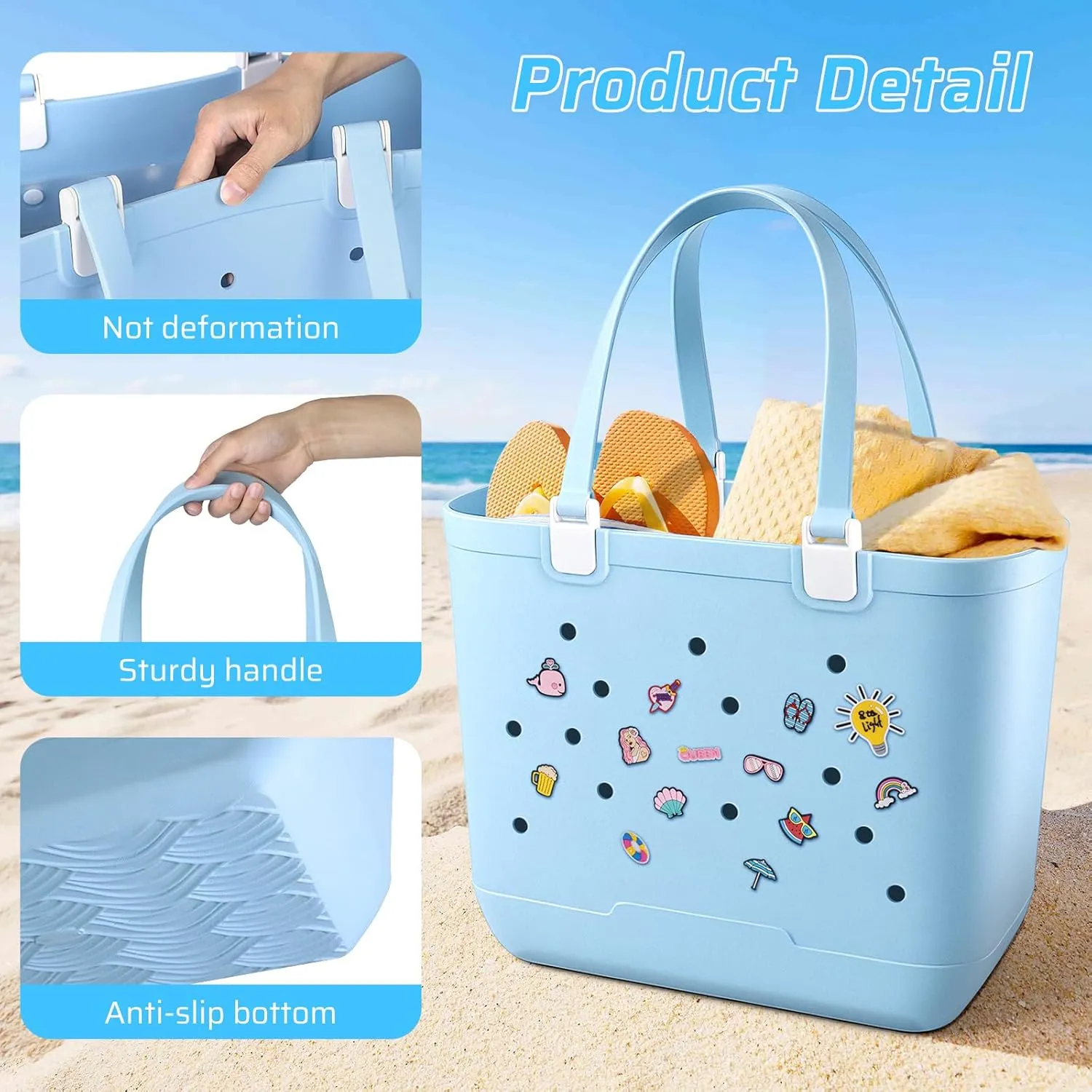 X Large EVA Beach Bag, 19 x 13.7 x 9.5 inch Waterproof Tote Bag, Durable Washable Beach Tote Handbag for Travel