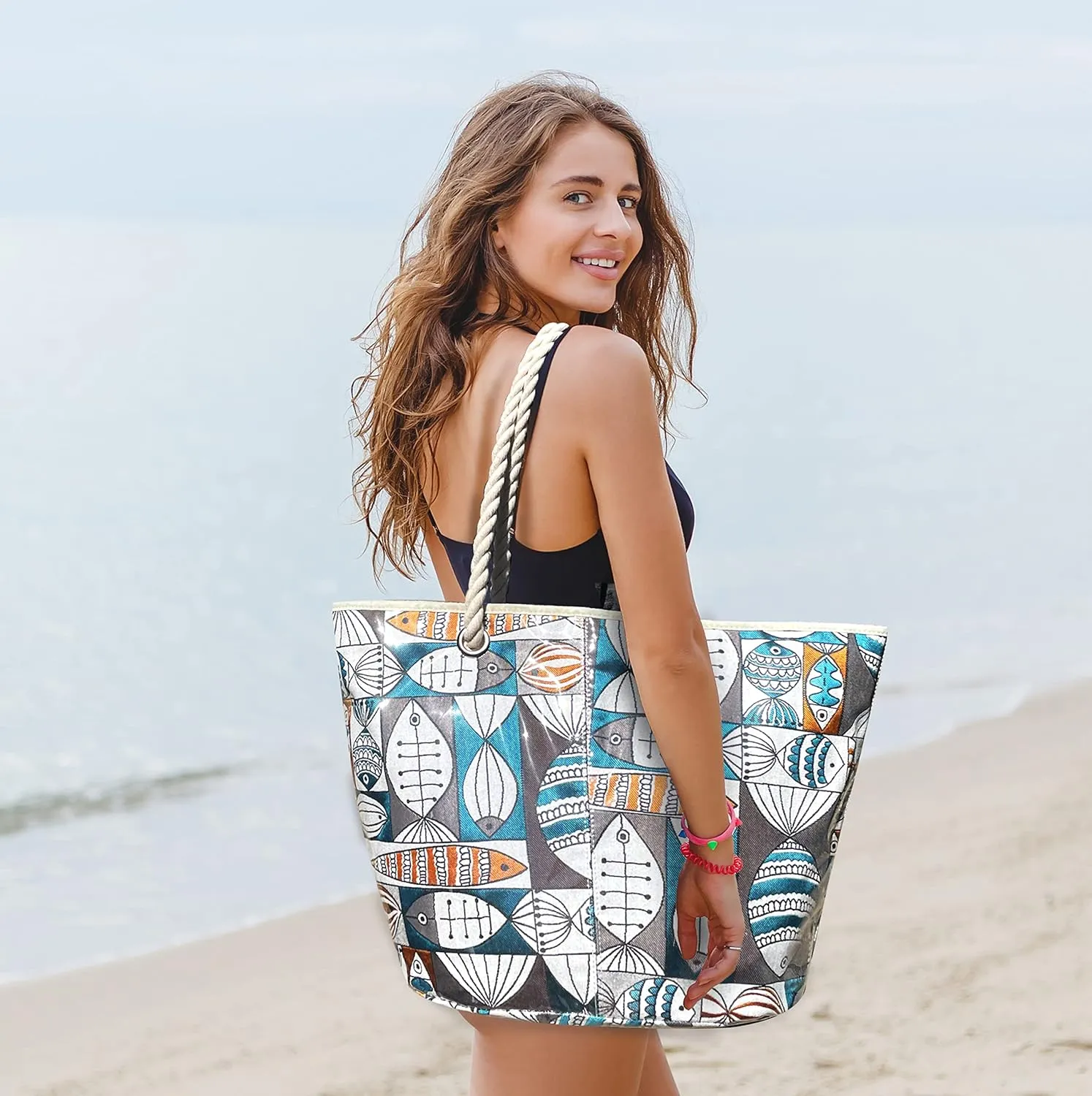 XL-Beach Tote Bag For Women and Swimming Pool Bag. Has External Transparent Waterproof And Sand Proof Layer