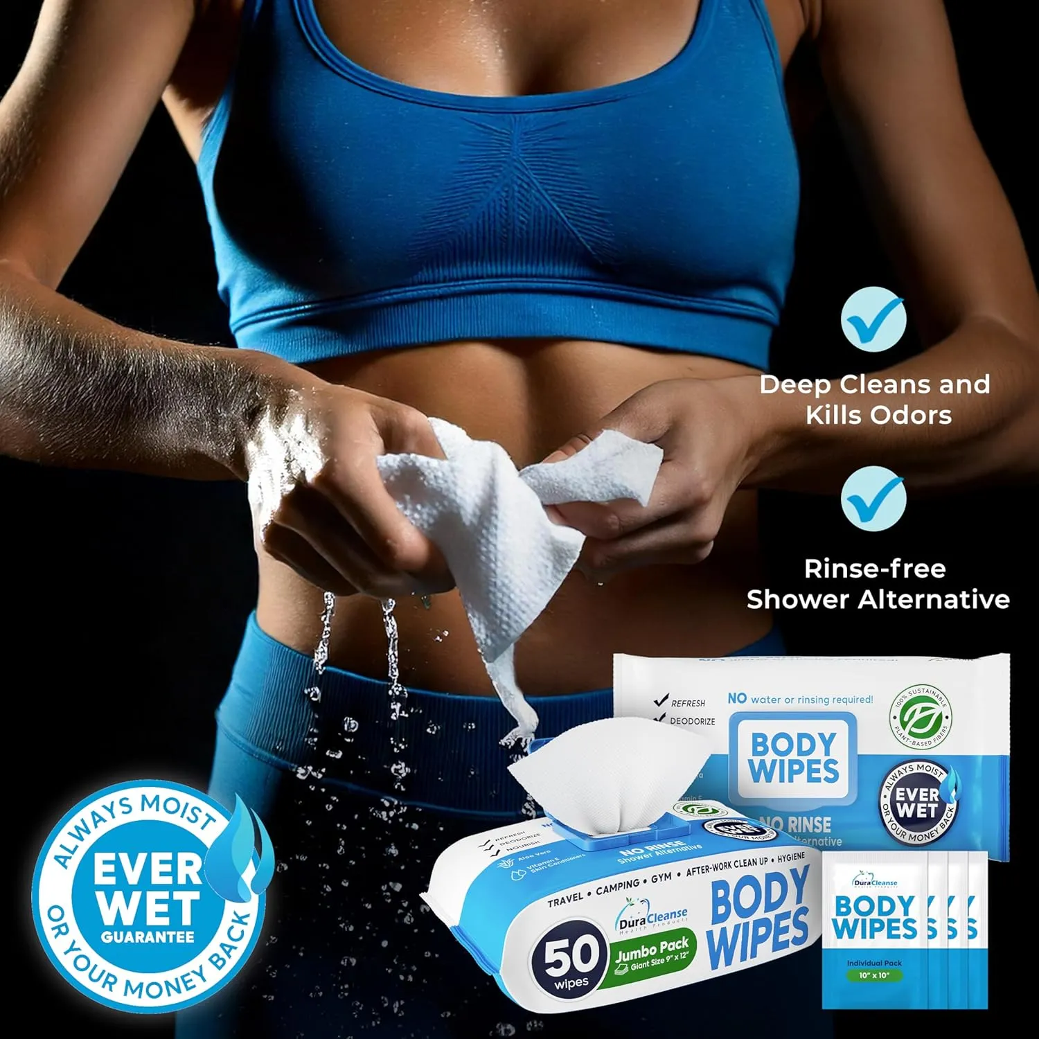 XL Body Wipes for Adults Bathing No Rinse - 50 Ct.   4 Travel Shower Wipes - 9"x12" Thick Cleansing Bath Wash Sheets for Elderly Incontinence, Men & Women - Camping Essentials Disposable Washcloths