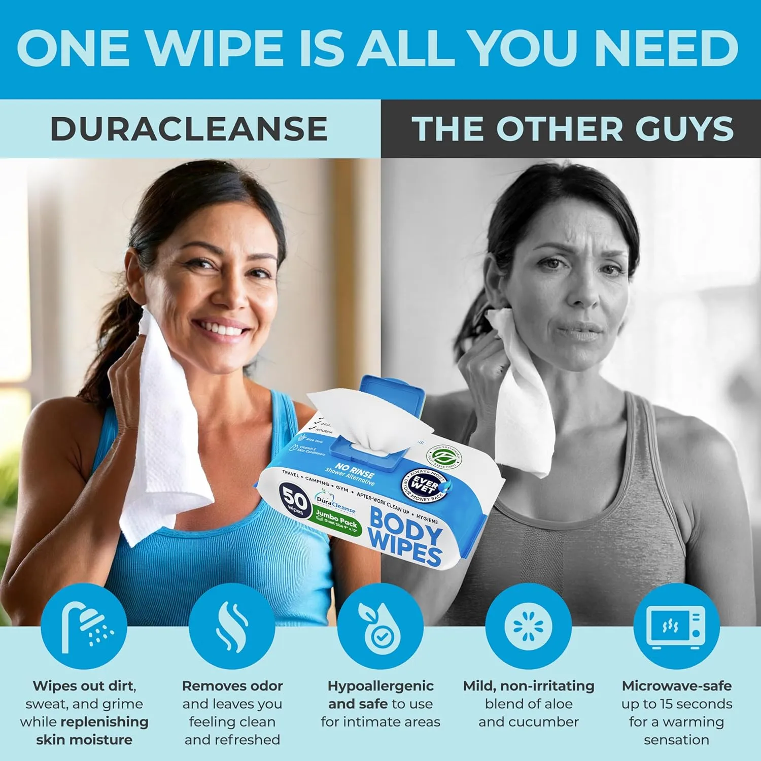 XL Body Wipes for Adults Bathing No Rinse - 50 Ct.   4 Travel Shower Wipes - 9"x12" Thick Cleansing Bath Wash Sheets for Elderly Incontinence, Men & Women - Camping Essentials Disposable Washcloths