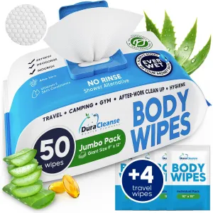 XL Body Wipes for Adults Bathing No Rinse - 50 Ct.   4 Travel Shower Wipes - 9"x12" Thick Cleansing Bath Wash Sheets for Elderly Incontinence, Men & Women - Camping Essentials Disposable Washcloths