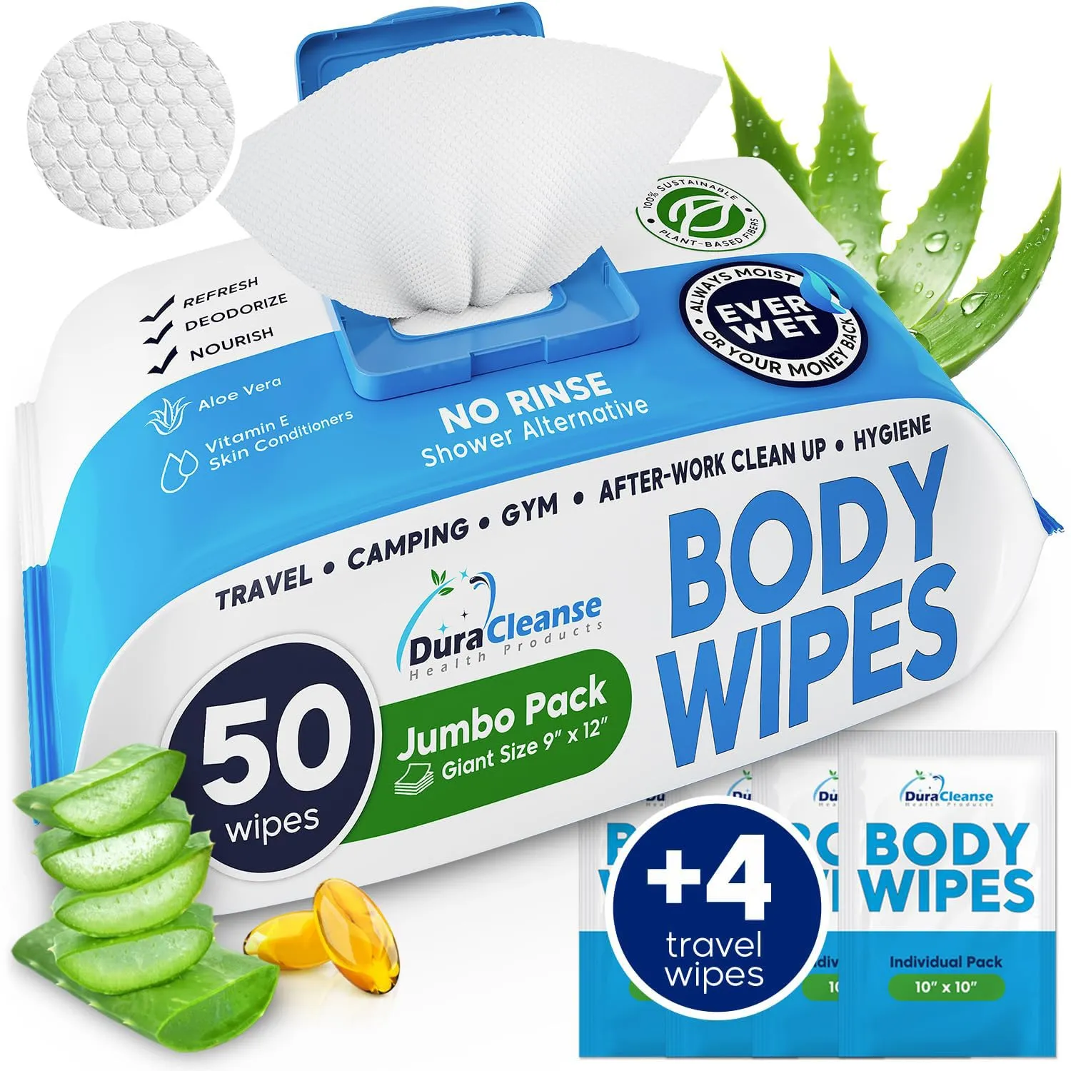 XL Body Wipes for Adults Bathing No Rinse - 50 Ct.   4 Travel Shower Wipes - 9"x12" Thick Cleansing Bath Wash Sheets for Elderly Incontinence, Men & Women - Camping Essentials Disposable Washcloths