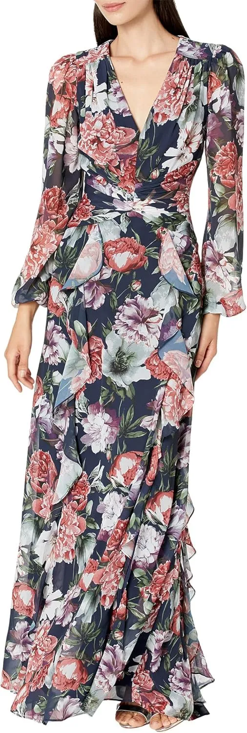 Xscape Long Floral Long Sleeve V-Neck Navy/Rose 4
