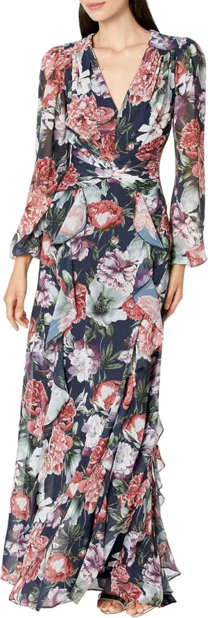 Xscape Long Floral Long Sleeve V-Neck Navy/Rose 4