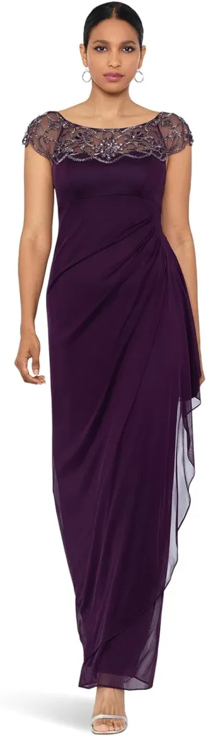 Xscape Long Sheer Matte Jersey Side Rouch Dress with Chunky Bead