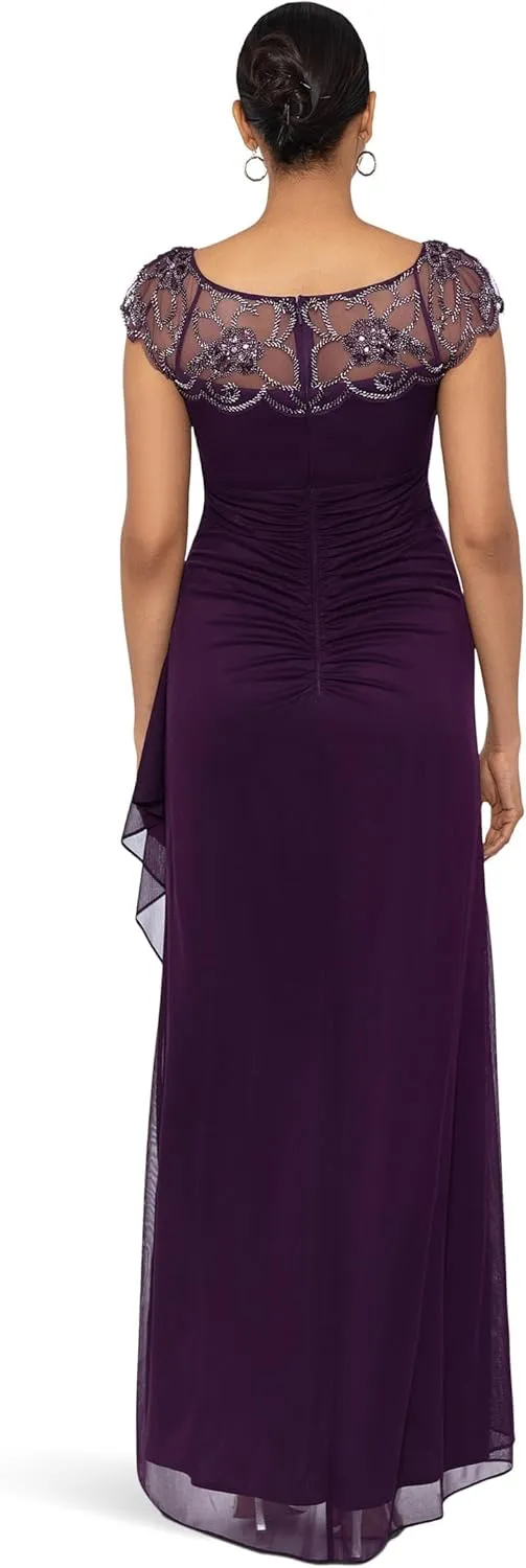 Xscape Long Sheer Matte Jersey Side Rouch Dress with Chunky Bead
