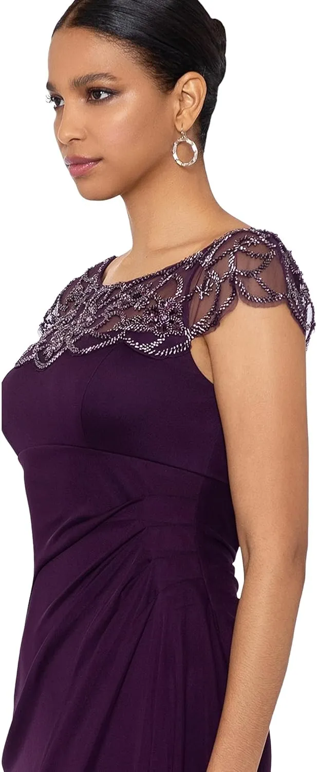 Xscape Long Sheer Matte Jersey Side Rouch Dress with Chunky Bead