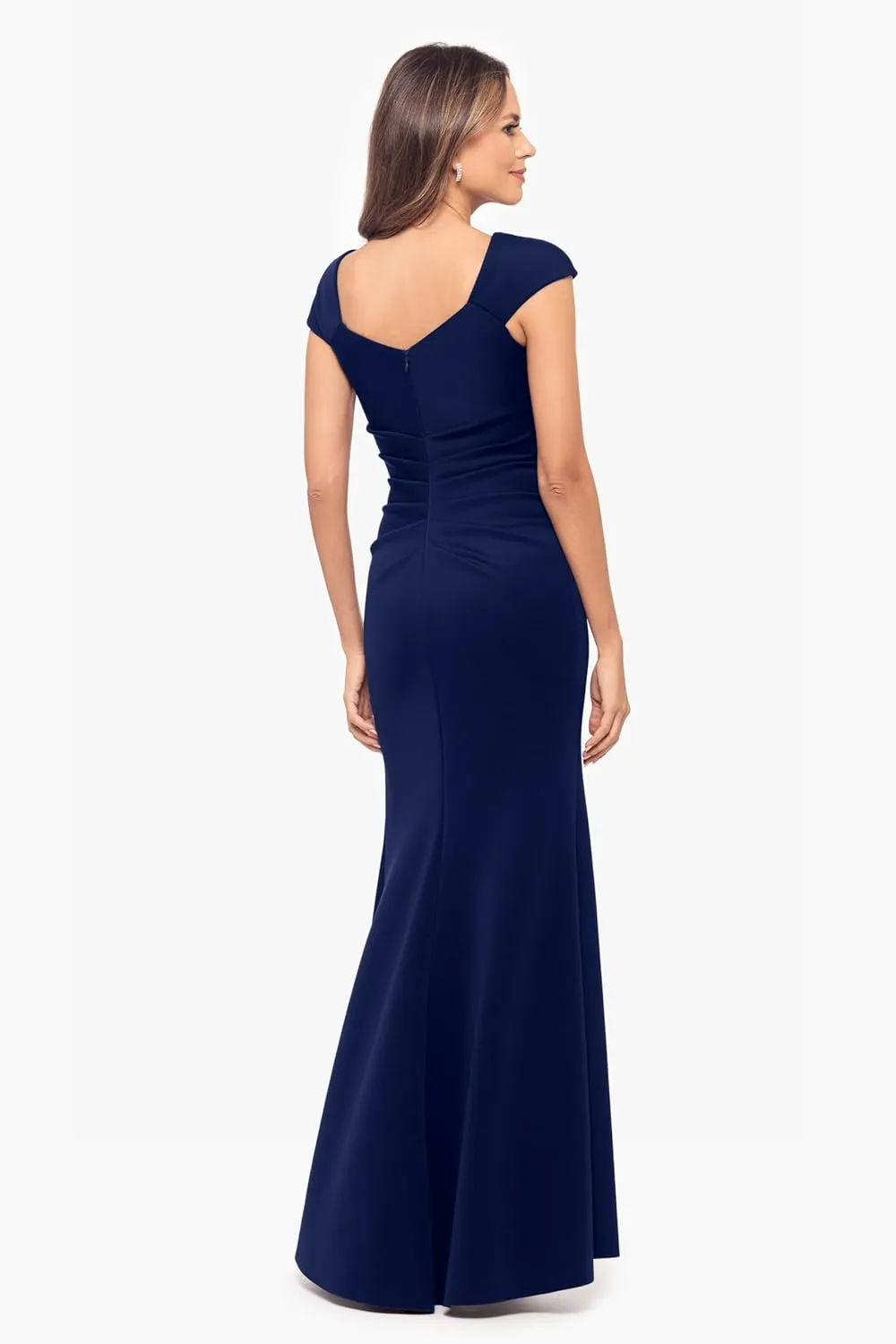 Xscape Women's Asymmetrical Neck Cap Sleeve Ruched High Slit Gown