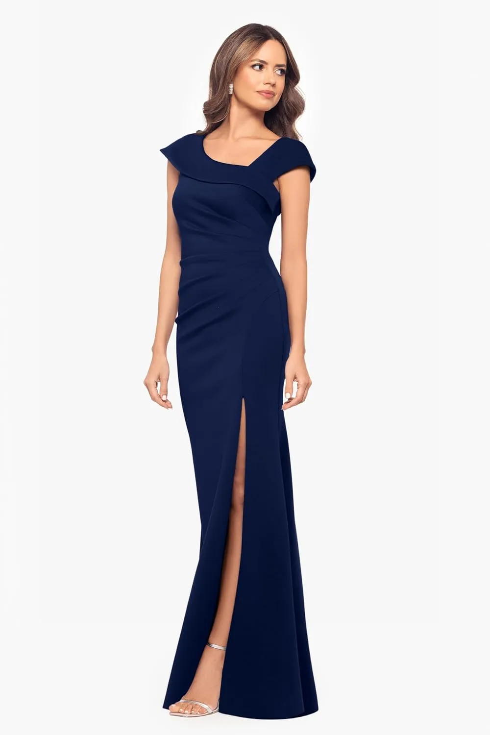 Xscape Women's Asymmetrical Neck Cap Sleeve Ruched High Slit Gown