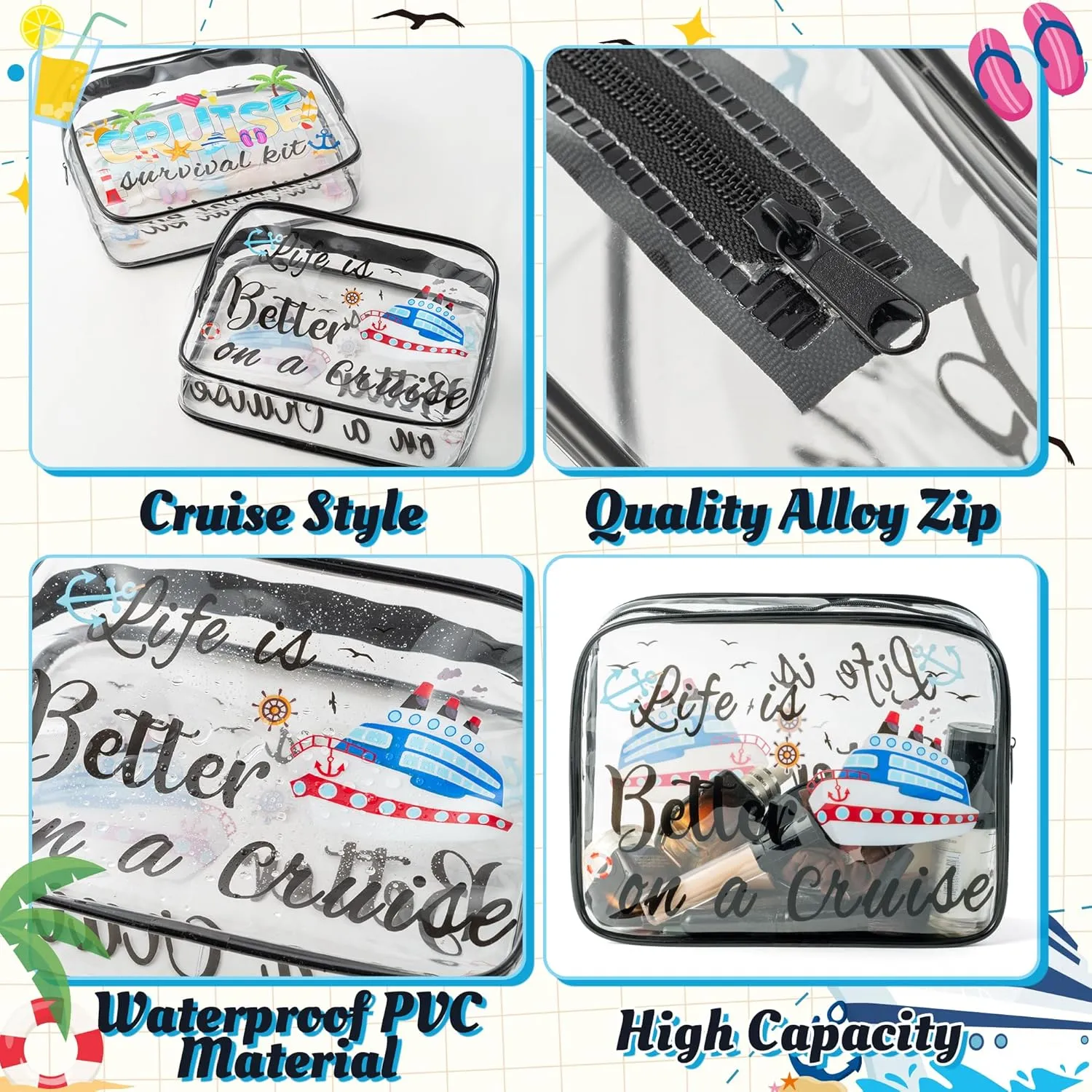 Y1tvei Cruise Clear Makeup Bag - 2Pcs Large Cruise Ship Essentials Travel Cosmetic Bag Survival Kit PVC Waterproof Toiletry Organizer Pouches Summer Beach Travel Accessories for Women Vacation