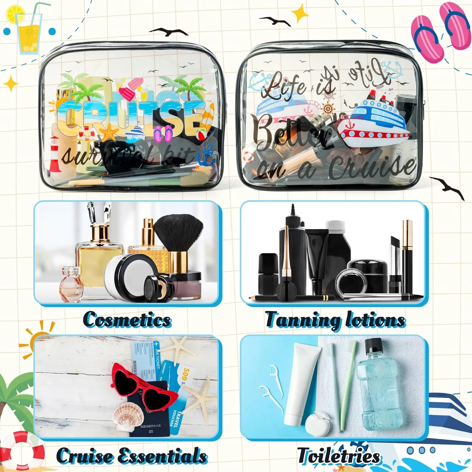 Y1tvei Cruise Clear Makeup Bag - 2Pcs Large Cruise Ship Essentials Travel Cosmetic Bag Survival Kit PVC Waterproof Toiletry Organizer Pouches Summer Beach Travel Accessories for Women Vacation