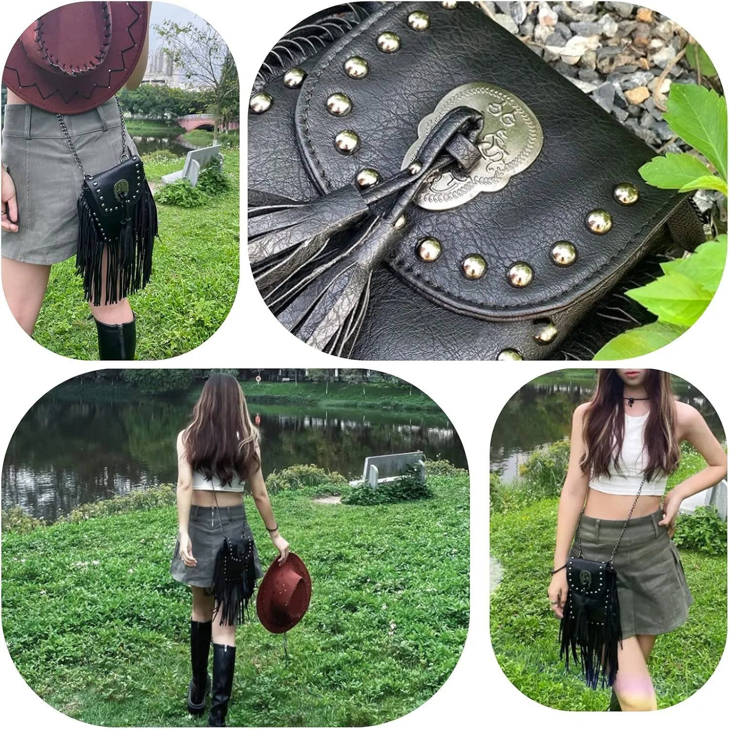 Y2K Punk Fringe Bag Novelty Tassel Gothic Western Crossbody Purse Women Sourpuss Shoulder Rockstar Halloween