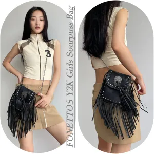 Y2K Punk Fringe Bag Novelty Tassel Gothic Western Crossbody Purse Women Sourpuss Shoulder Rockstar Halloween