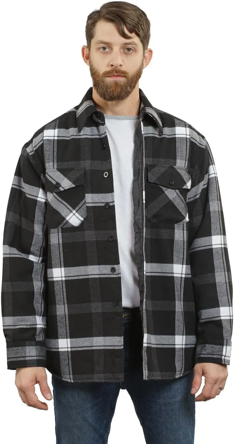 YAGO Men's Quilted Lining Button Up Plaid Flannel Shirt Jacket with Side Pockets