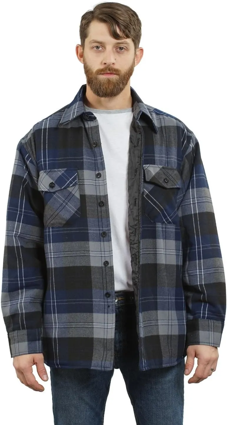 YAGO Men's Quilted Lining Button Up Plaid Flannel Shirt Jacket with Side Pockets