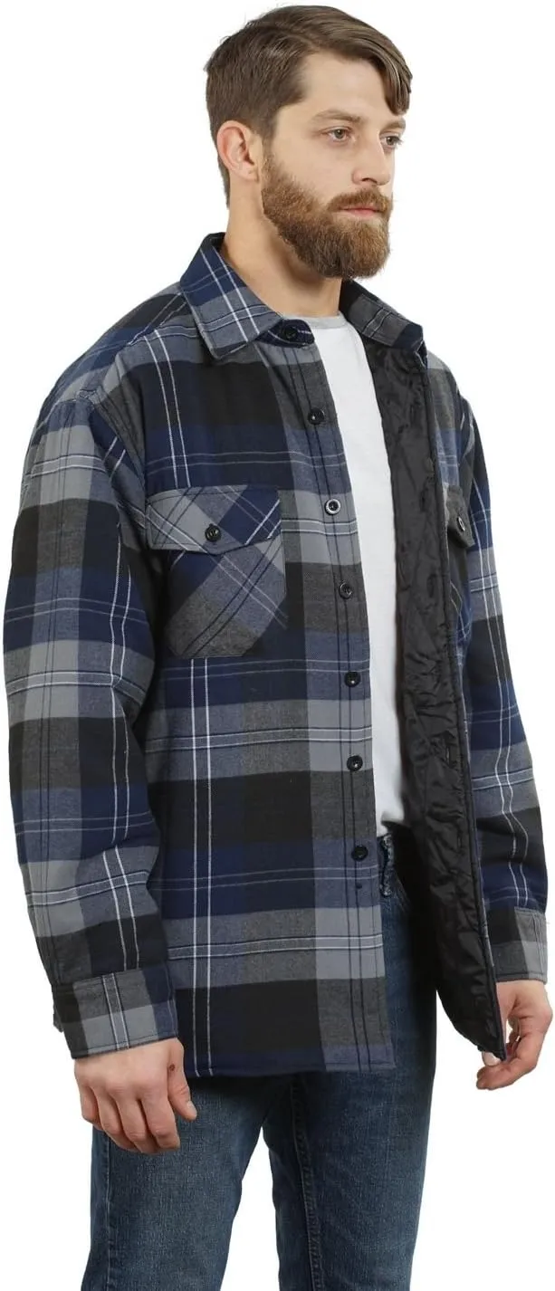 YAGO Men's Quilted Lining Button Up Plaid Flannel Shirt Jacket with Side Pockets
