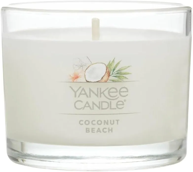 Yankee Candle Signature Votive Mini Candle Jar, Coconut Beach Scent, Natural Soy Wax Blend Candle with Natural Fiber Wick, 1.3 OZ Glass Jar (Pack of 4)