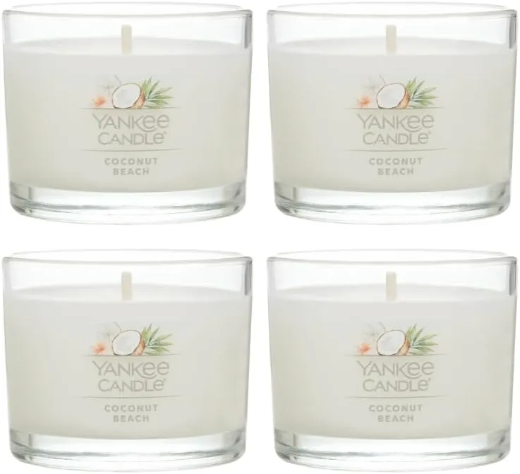 Yankee Candle Signature Votive Mini Candle Jar, Coconut Beach Scent, Natural Soy Wax Blend Candle with Natural Fiber Wick, 1.3 OZ Glass Jar (Pack of 4)