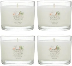 Yankee Candle Signature Votive Mini Candle Jar, Coconut Beach Scent, Natural Soy Wax Blend Candle with Natural Fiber Wick, 1.3 OZ Glass Jar (Pack of 4)