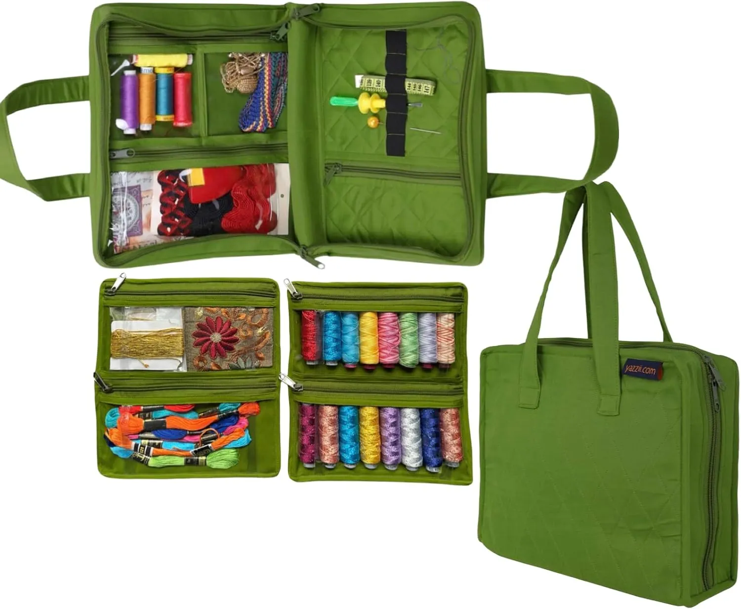 Yazzii Sewing Notions Tote Bag- Portable Sewing Accessories Organizer w Detached Sleeves -Green
