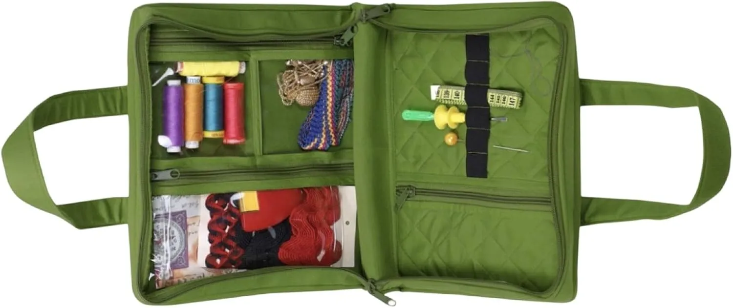 Yazzii Sewing Notions Tote Bag- Portable Sewing Accessories Organizer w Detached Sleeves -Green