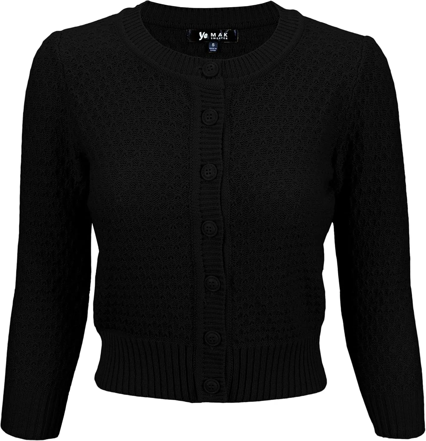 YEMAK Women's Cropped Cardigan Sweater – 3/4 Sleeve Crewneck Basic Classic Casual Button Down Soft Crochet Knit Top (S-3XL)
