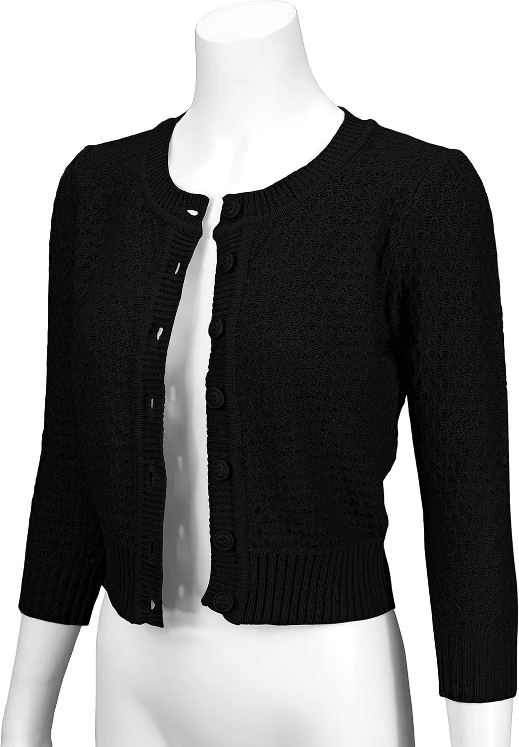 YEMAK Women's Cropped Cardigan Sweater – 3/4 Sleeve Crewneck Basic Classic Casual Button Down Soft Crochet Knit Top (S-3XL)