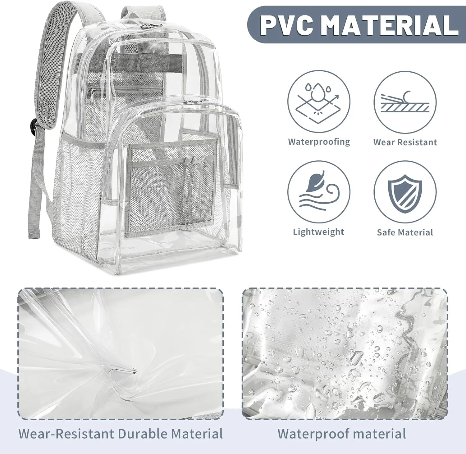 YGR Clear Backpack Heavy Duty PVC Transparent Backpack See Through Large Capacity Multiple Pockets Bookbag for Concert Work Security Travel Festival Grey