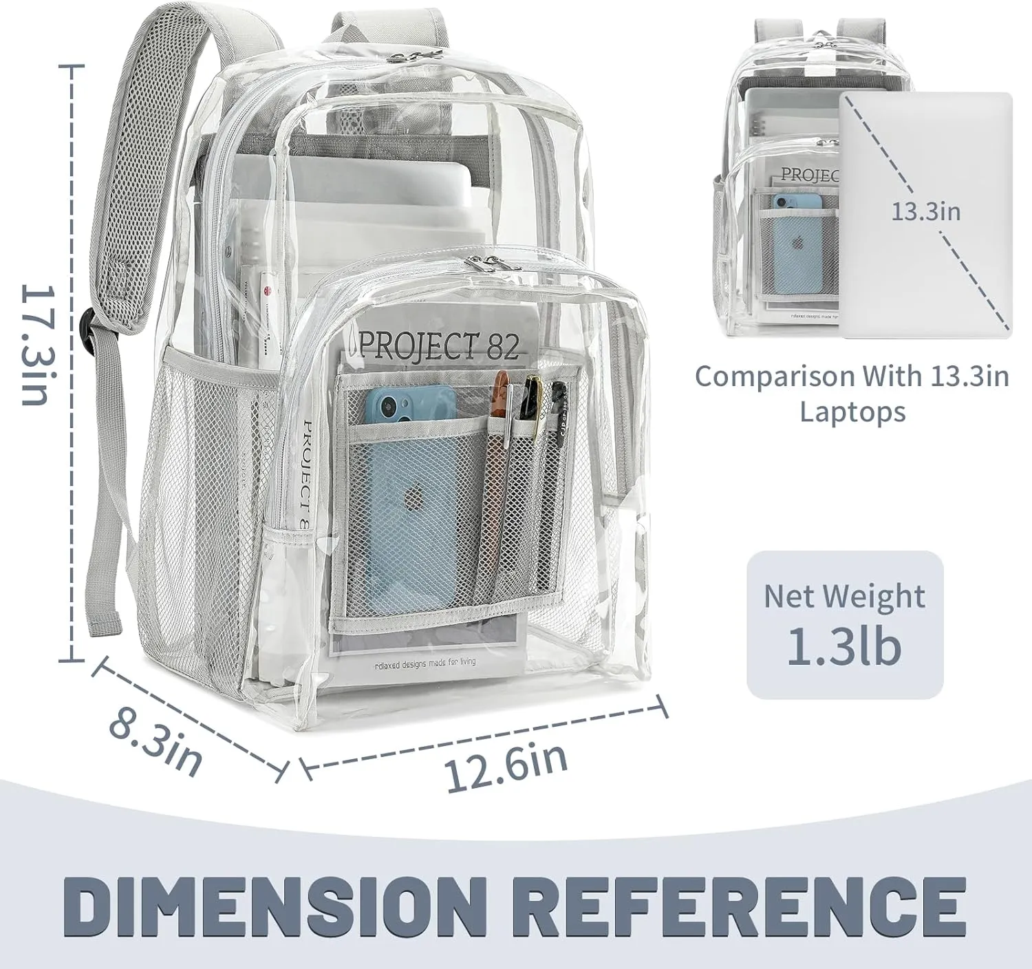 YGR Clear Backpack Heavy Duty PVC Transparent Backpack See Through Large Capacity Multiple Pockets Bookbag for Concert Work Security Travel Festival Grey