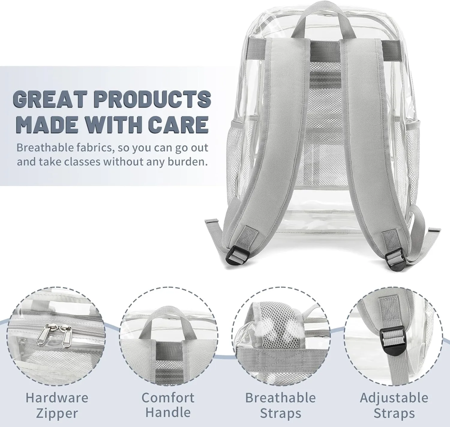 YGR Clear Backpack Heavy Duty PVC Transparent Backpack See Through Large Capacity Multiple Pockets Bookbag for Concert Work Security Travel Festival Grey