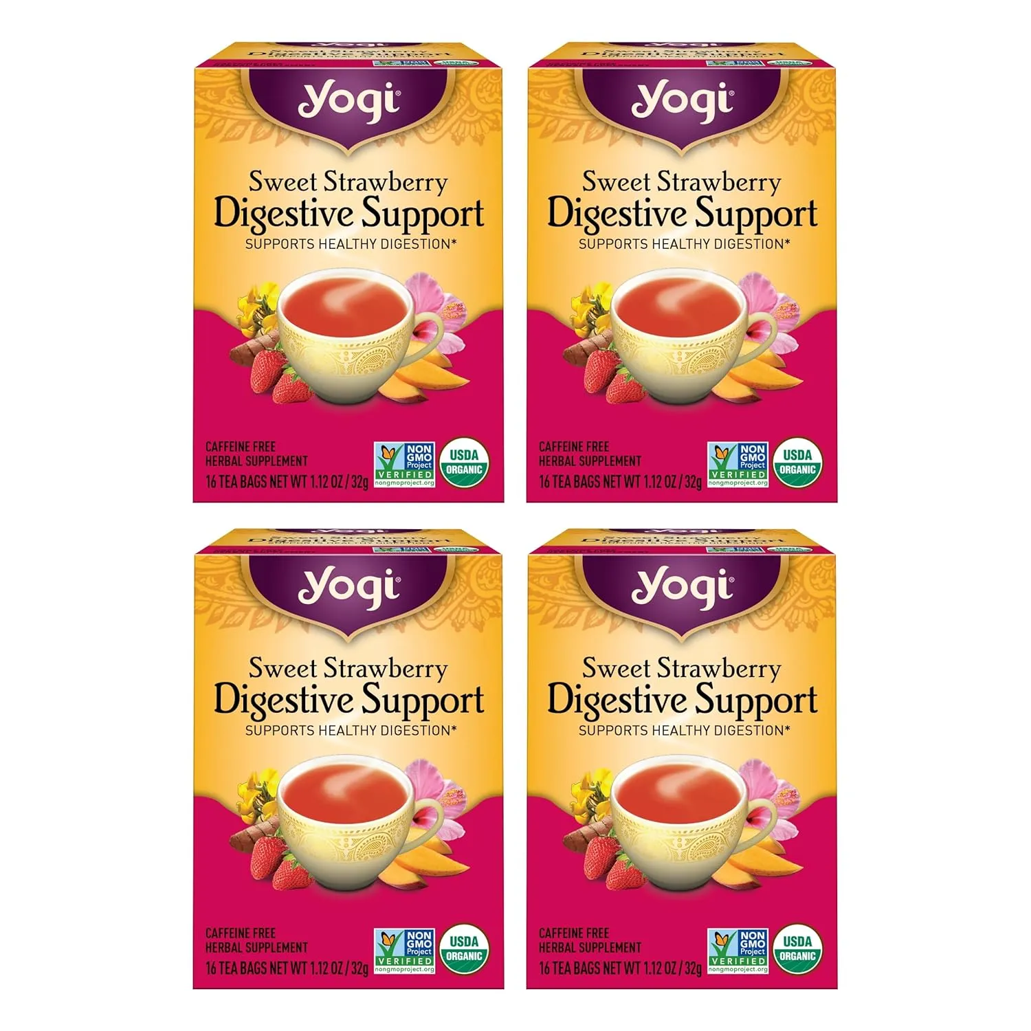 Yogi Tea Sweet Strawberry Digestive Support - 16 Tea Bags per Pack (4 Pack) - Organic Turmeric Tea Bags - Digestive Support Tea - Includes Turmeric Root, Black Pepper, Strawberry, Mango & More (Pack of 6)