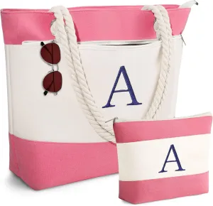 YOOLIFE Beach Bags for Women - Initial Tote Waterproof Bag with Makeup Bag, Mothers Day Gifts for Women Mom Friend Birthday