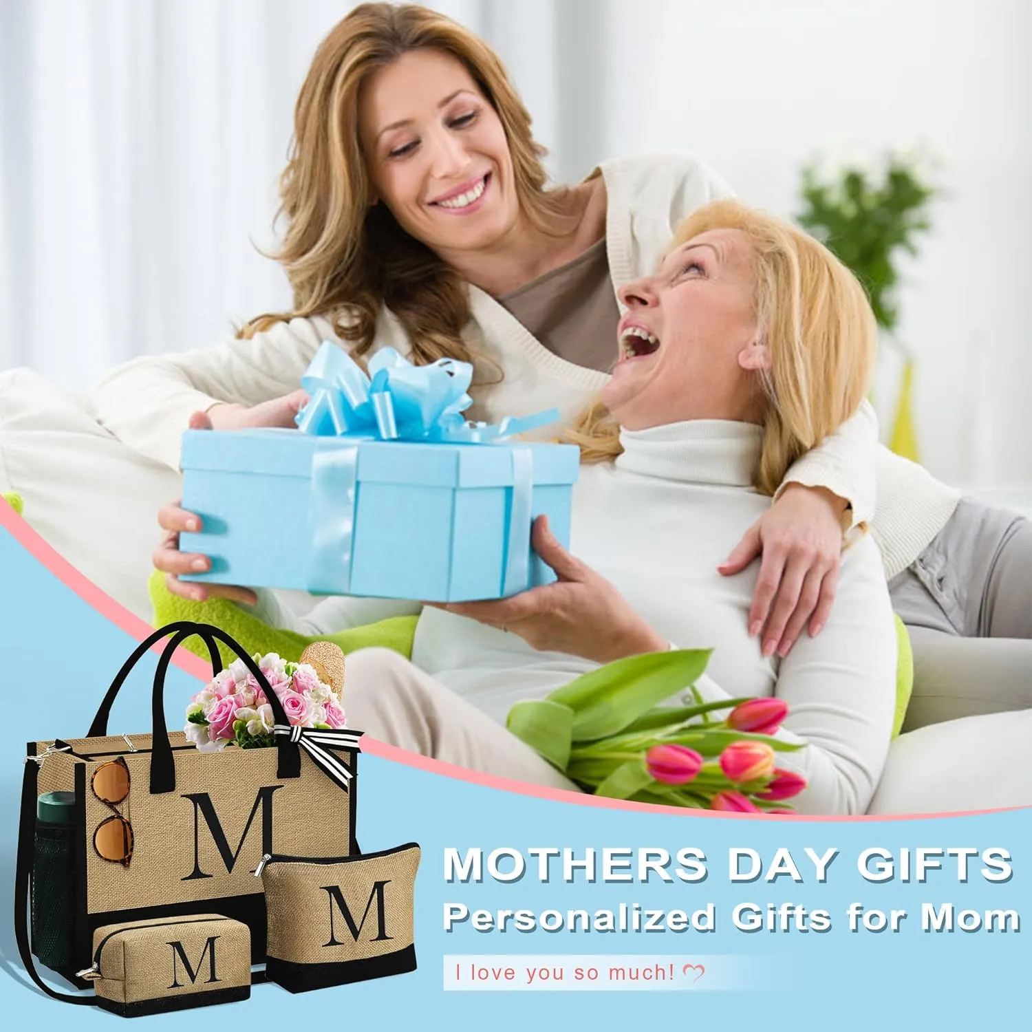 YOOLIFE Gifts for Women - Initial Jute Tote Bag & 2 Makeup Bags Personalized Gifts for Women Teacher Mom Friend Birthday