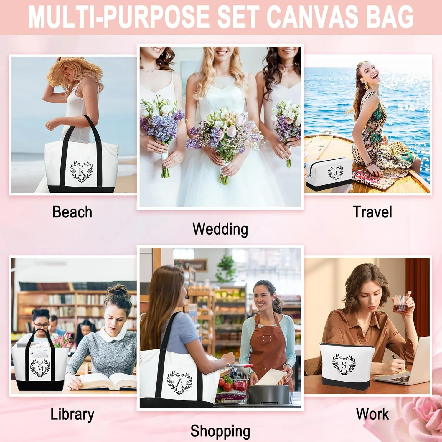 YOOLIFE Mothers Day Gifts for Women - Initial Tote Bag & Makeup Bag, Birthday Gifts for Women Mom Wife Teacher Friend