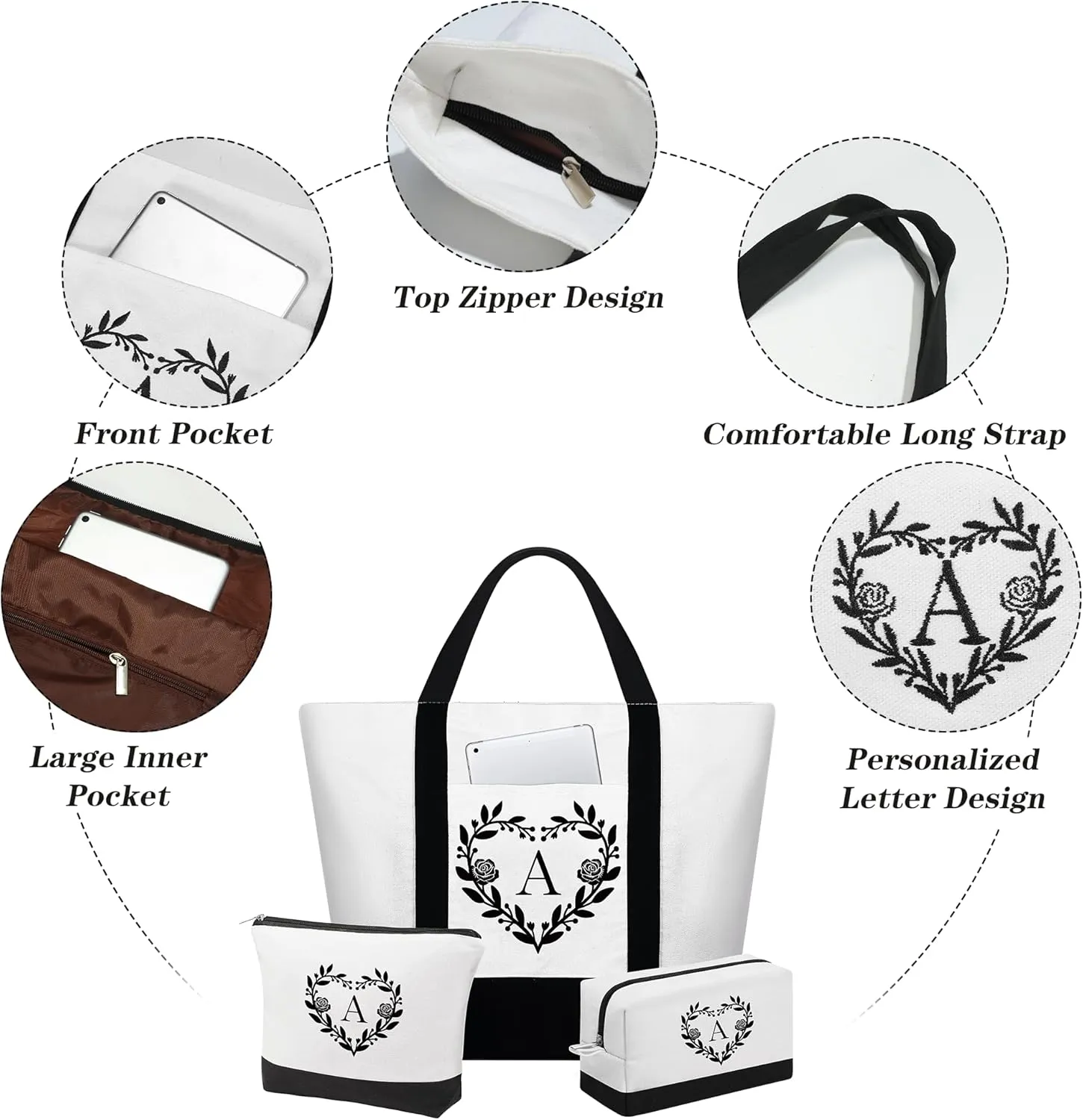 YOOLIFE Mothers Day Gifts for Women - Initial Tote Bag & Makeup Bag, Birthday Gifts for Women Mom Wife Teacher Friend