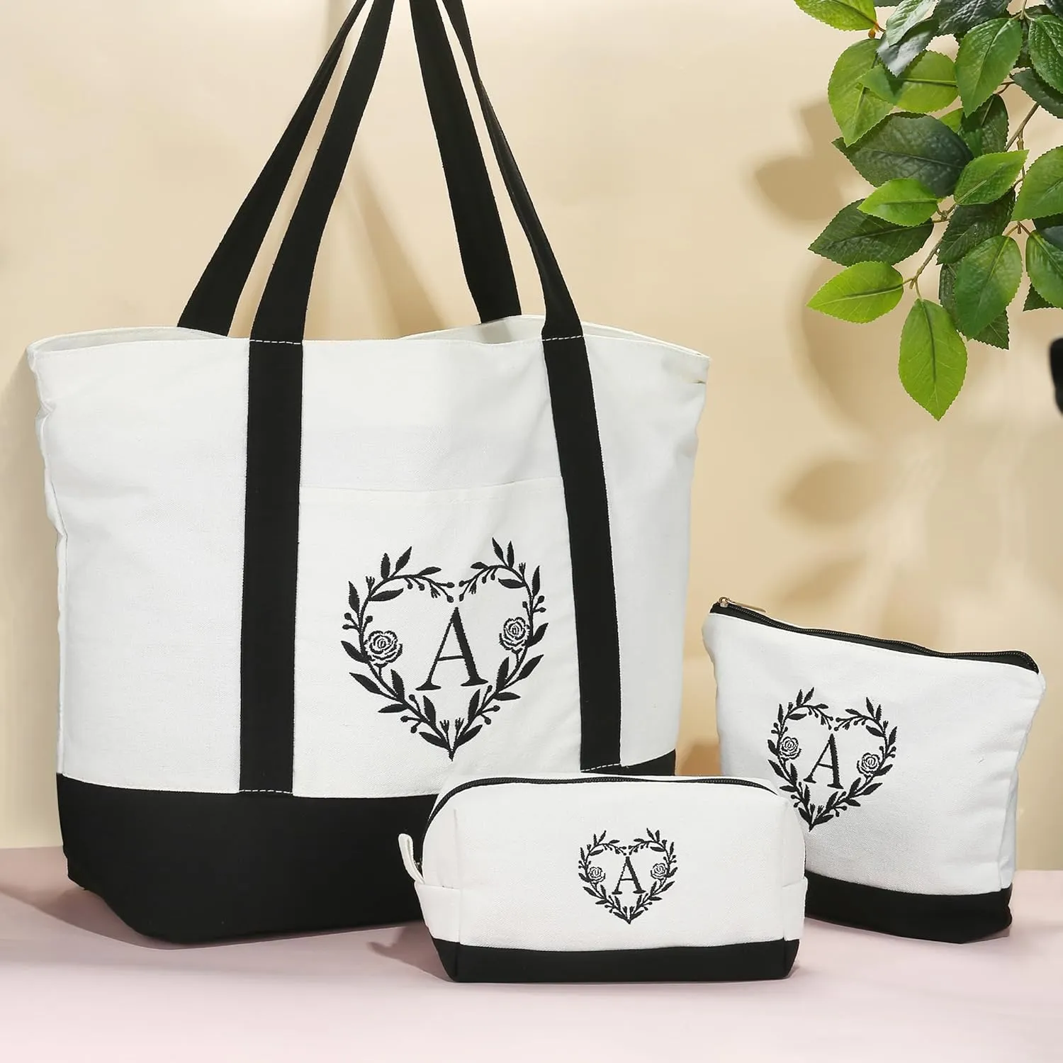 YOOLIFE Mothers Day Gifts for Women - Initial Tote Bag & Makeup Bag, Birthday Gifts for Women Mom Wife Teacher Friend