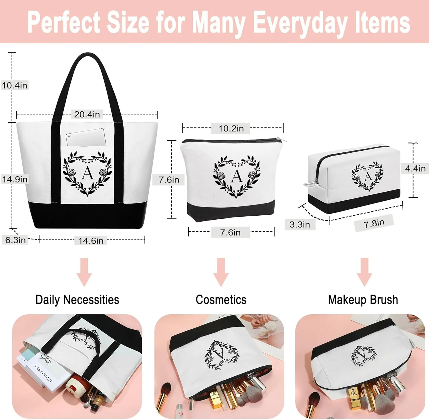 YOOLIFE Mothers Day Gifts for Women - Initial Tote Bag & Makeup Bag, Birthday Gifts for Women Mom Wife Teacher Friend
