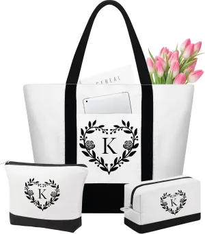 YOOLIFE Mothers Day Gifts for Women - Initial Tote Bag & Makeup Bag, Birthday Gifts for Women Mom Wife Teacher Friend