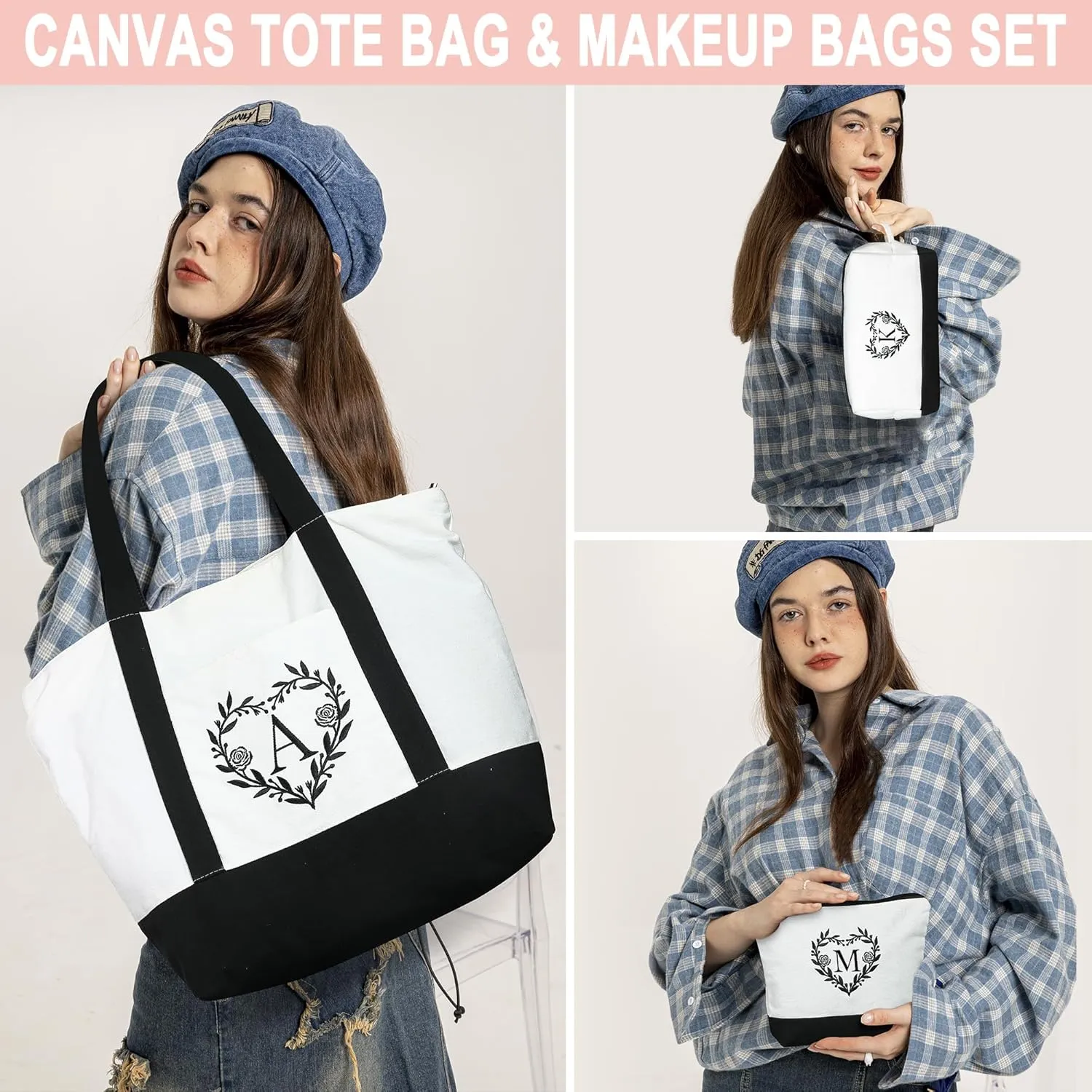 YOOLIFE Mothers Day Gifts for Women - Initial Tote Bag & Makeup Bag, Birthday Gifts for Women Mom Wife Teacher Friend