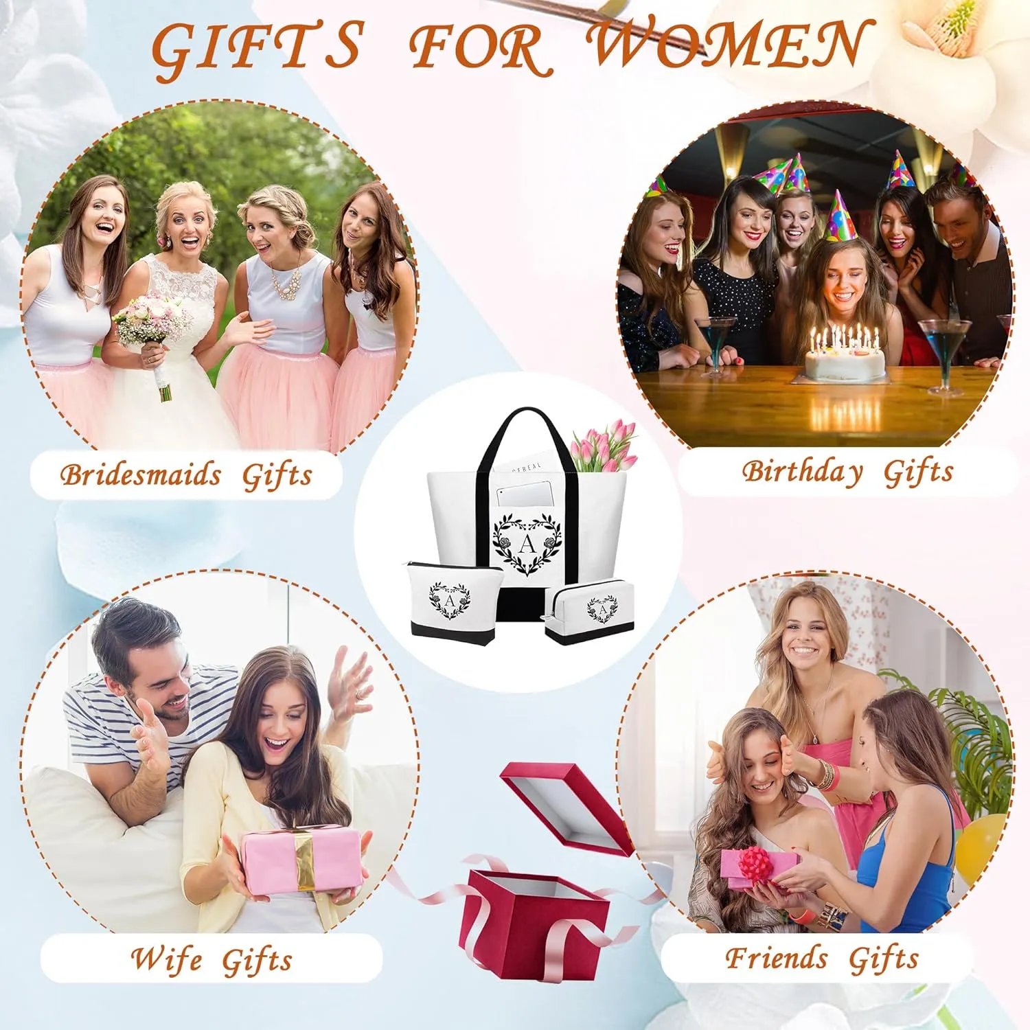 YOOLIFE Mothers Day Gifts for Women - Initial Tote Bag & Makeup Bag, Birthday Gifts for Women Mom Wife Teacher Friend