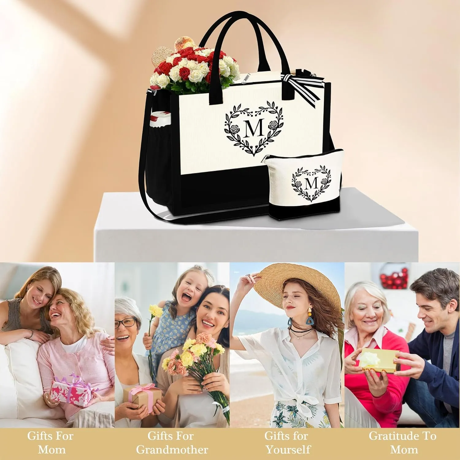 YOOLIFE Mothers Day Gifts - Initial Canvas Tote Bag Makeup Bag, Personalized Gifts for Women Mom Wife Teacher Friend Birthday
