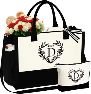 YOOLIFE Mothers Day Gifts - Initial Canvas Tote Bag Makeup Bag, Personalized Gifts for Women Mom Wife Teacher Friend Birthday
