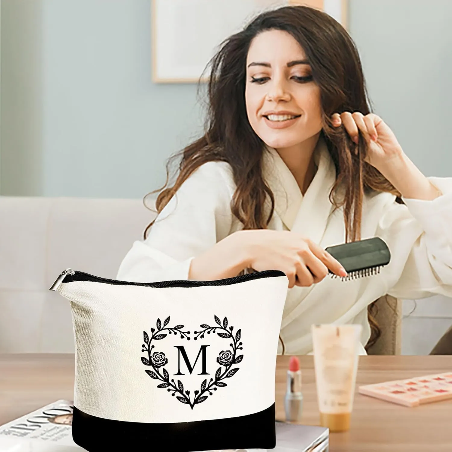 YOOLIFE Mothers Day Gifts - Initial Canvas Tote Bag Makeup Bag, Personalized Gifts for Women Mom Wife Teacher Friend Birthday