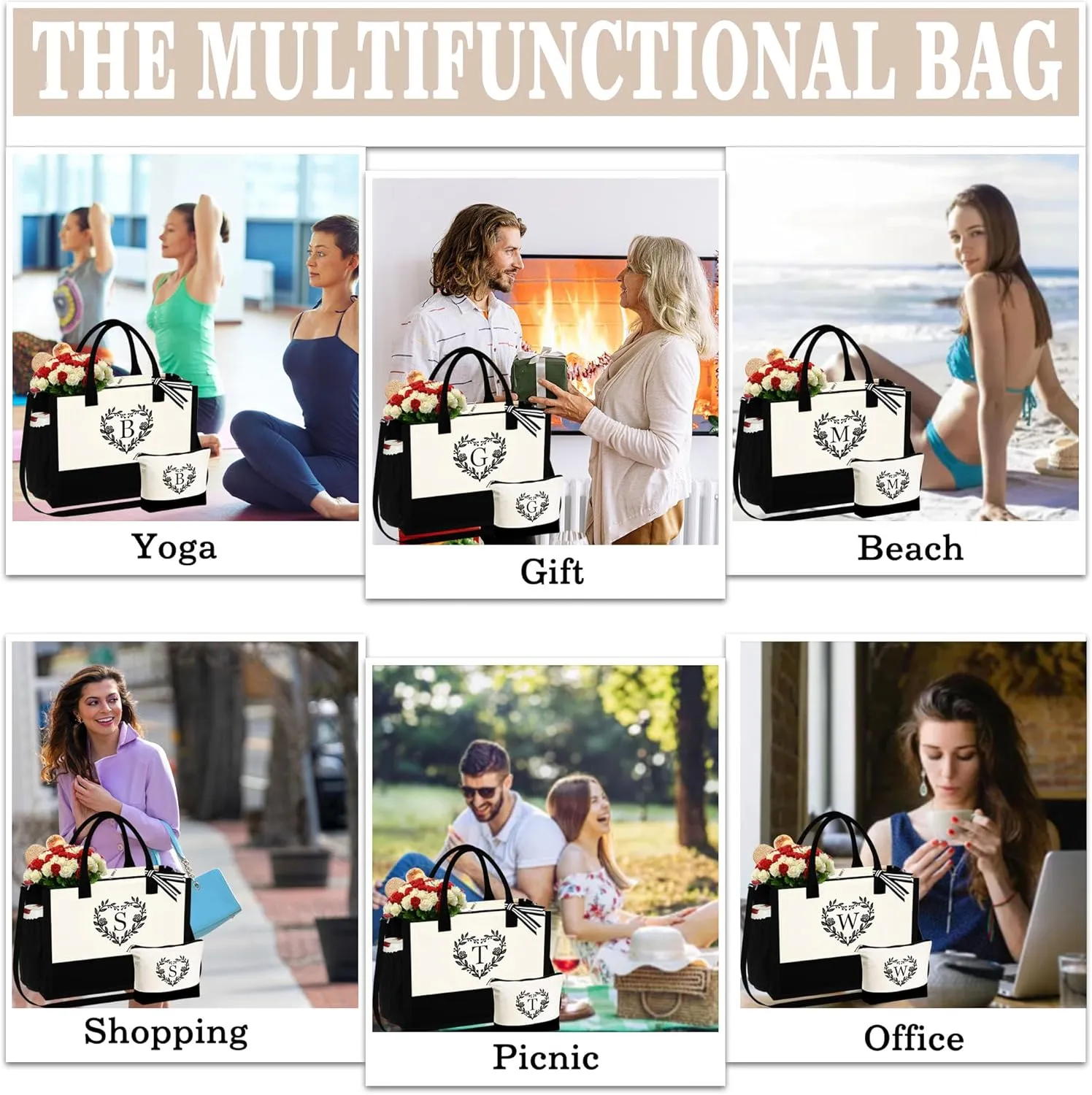YOOLIFE Mothers Day Gifts - Initial Canvas Tote Bag Makeup Bag, Personalized Gifts for Women Mom Wife Teacher Friend Birthday