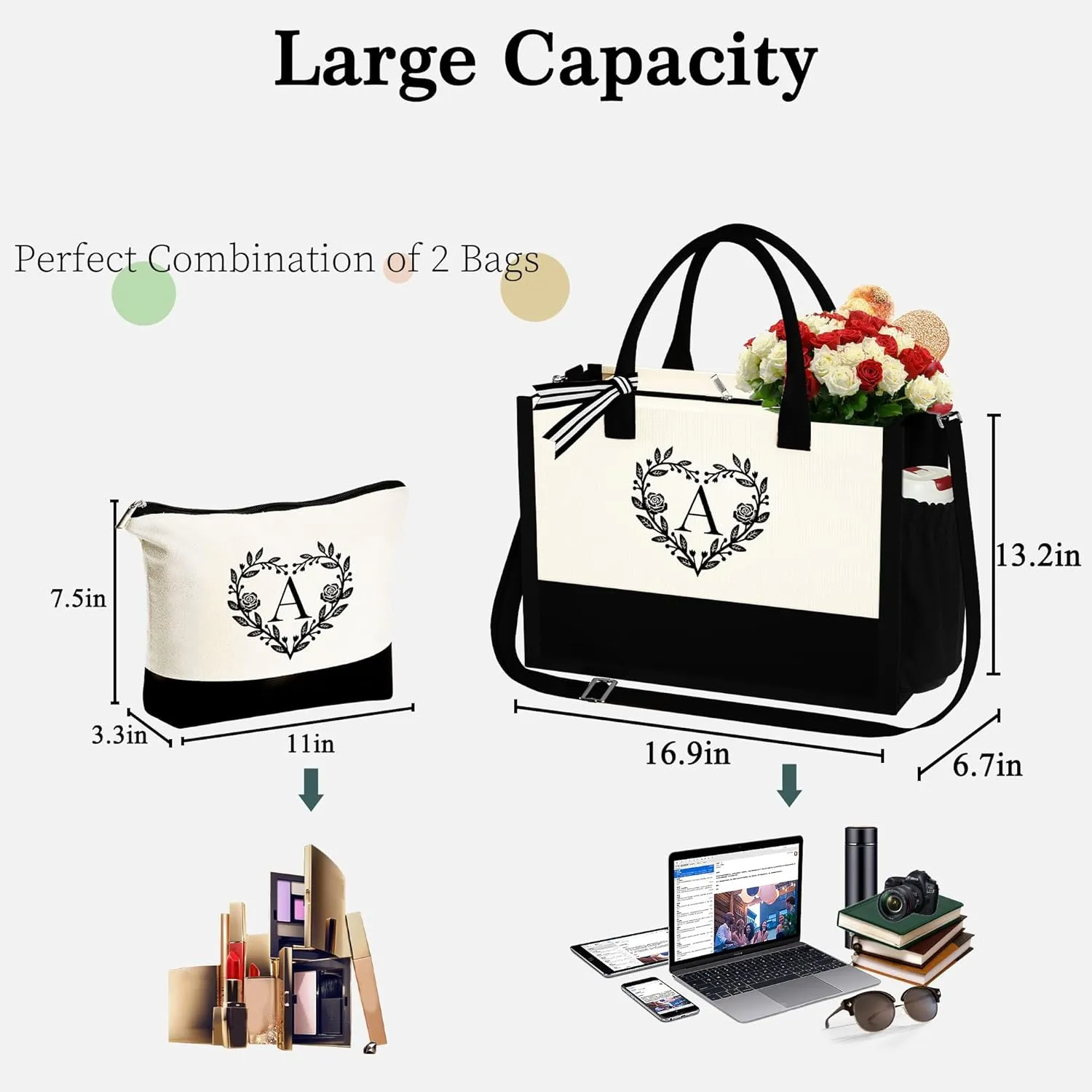 YOOLIFE Mothers Day Gifts - Initial Canvas Tote Bag Makeup Bag, Personalized Gifts for Women Mom Wife Teacher Friend Birthday