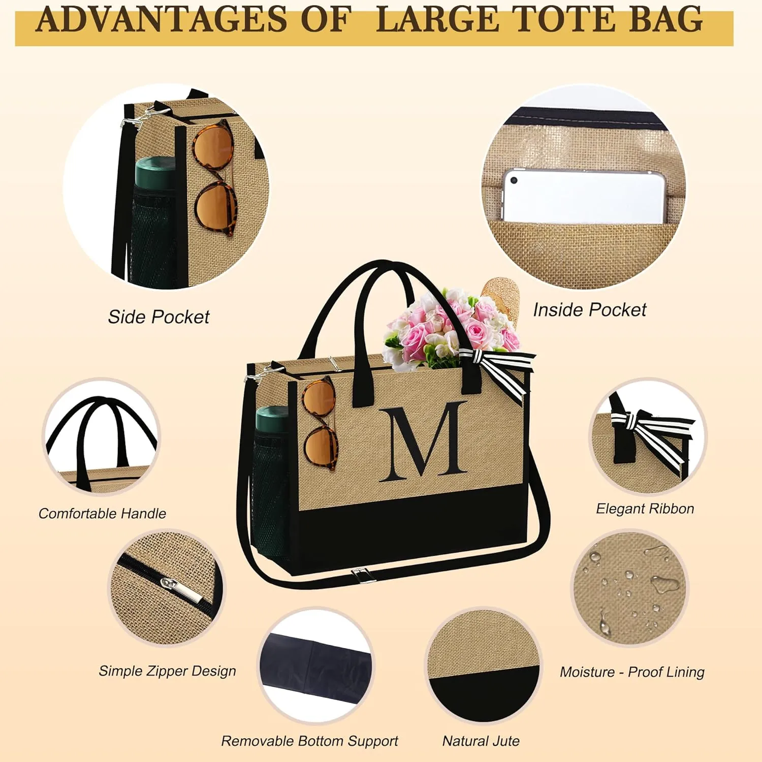 YOOLIFE Mothers Day Gifts - Initial Jute Tote Bag & 2 Makeup Bags Personalized Gifts for Women Teacher Mom Friend Birthday